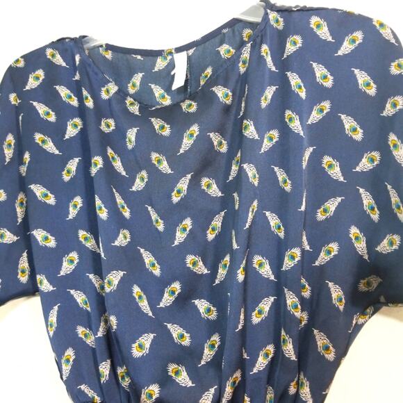 Bohemian peacock feather satiny smocked top S - Picture 3 of 8